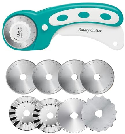 Hopbucan 45-Mm-Rollschneider zum Rollen Von Stoff, Stoffschneider + 8-Teilige Rotationsklingen, 1 Satz