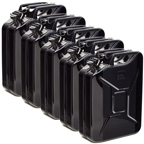 BW® Benzinkanister Metall 5x 20 Liter - Kraftstoffkanister Schwarz - RAL 9005 - TÜV-geprüft und UN-Zulassung - 0,9mm Stahl nach DIN 7274 für Benzin Diesel E10 2-Takt - Made in Europe