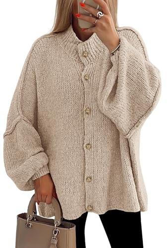 PRETTYGARDEN Women's Winter Button Down Cardigan Sweaters Mock Neck Lantern Long Sleeve Chunky Knit Jacket Trendy Outerwear (Light Khaki,Small)