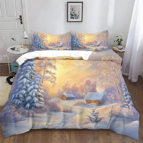 XCQHZYQ Set di Biancheria da Letto 240x260 cm Dipinto Ad Olio Stile Rustico Paesaggio Invernale Copripiumino con Cerniera, Incluso 1 Copripiumino e 2 Federe, Biancheria da Letto per Ragazzi e Ragazze