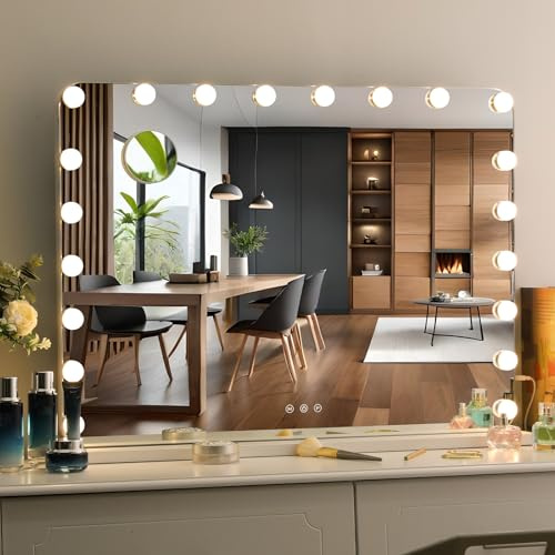 Clevich Hollywood spegel med ljus, 20 LED, sminkspegel med belysning, 80 x 60 cm, justerbar ljusstyrka, med USB och avtagbart förstoringsglas, väggspegel, bordsspegel, 3 ljusfärger, sminkspegel, vit