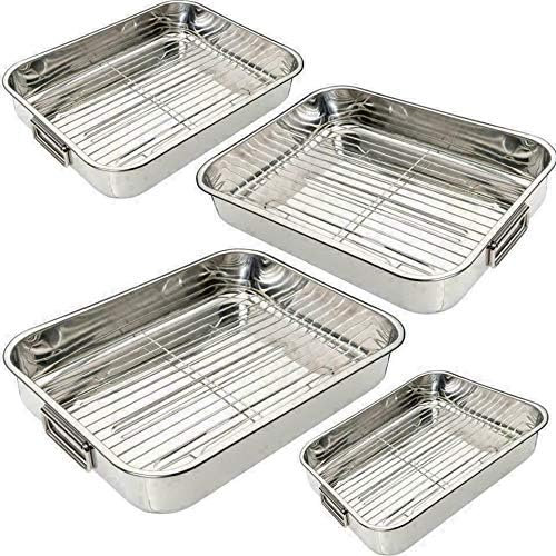GSV Essentials Roasting Tin Tray, Stainless Steel Rack, Cooker Grill Rack, Roaster Oven, Attractive Design, Roasting Rack with Removable Grill, Quick and Easy, (All 4 Size)