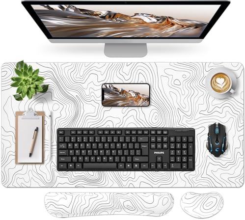 Sevenpers Weiß Gaming Mauspad,900x400mm Mauspad mit Handgelenkauflage, Multifunktionales schreibunterlagen,Waschbares Mauspads für PC,Maus und Tastatur(Topographie,Weiß)