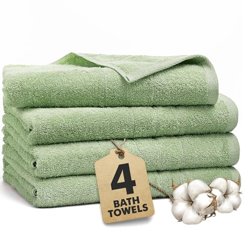 Novo Home Bath Towels Set of 4 – 550 GSM 100% Cotton Light Green Extra Large Towels for Bathroom, Spa Use (70x140 cm) – Super Soft and Quick Dry Large Bath Sheets for Adults