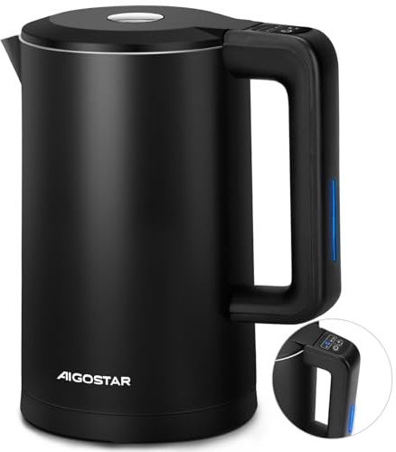 Aigostar - Hervidor de agua acero inoxidable, Regulación Temperatura de 40°C a 100°C, Diseño de Doble Pared, 1,7L, Apagado Automático, 2200W, Protección Contra Sobrecalentamiento, Silencioso, Negro
