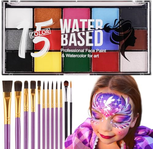 Rismise Face & Body Paint Palette Kit 15 Colors Painting Palettes Makeup Kit Water Based Palette Rainbow Face Paint Halloween Makeup Kits with 10pcs Artist Brush for Halloween Cosplay Gay Pride Day