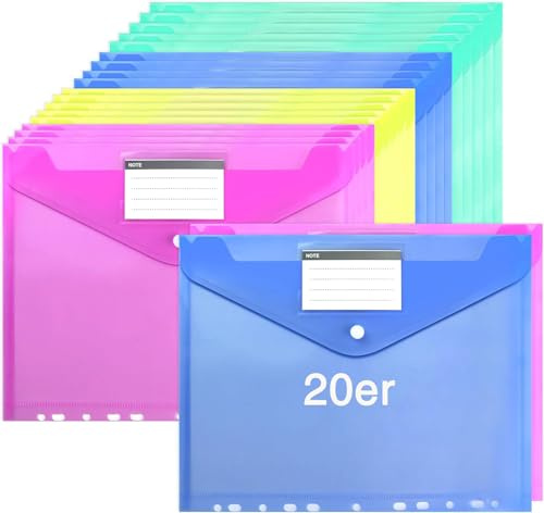 Hengsong 20er Dokumententasche A4 Abheftbar,Sammelmappe,Dokumententasche Wasserdicht mit Etikettentasche&11 Lochrand,Für Büro Hause Schule Dokumente Organisieren,Bunt