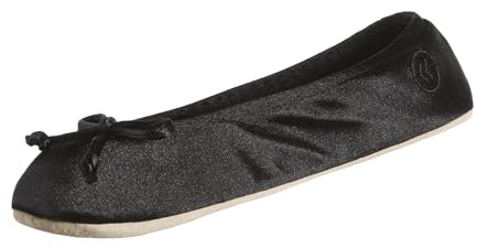 isotoner Women's Stretch Satin Ballerina Slippers with Sequin Bow, Suede Sole, and Terry Lining, Black, One Size