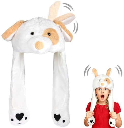SilverChry Gorro Orejas Que Se Mueven, Sombrero Conejo con Orejas Móviles, Gorro Conejo Mueve Orejas, Cálido y Cómodo, Adecuado para El Calor Invernal,Fiestas de Disfraces,Navidad (Perro Blanco)