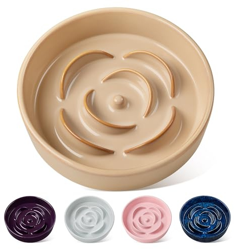 vancasso Flower Shaped Slow Feeder Dog Bowl 960ml Pet Bowl, Ceramic Puzzle Feeder for Small Dogs & Cats, Dishwasher & Microwave Safe, Ideal for Food and Water, Non-Slip & Tip-Proof; Beige; Medium