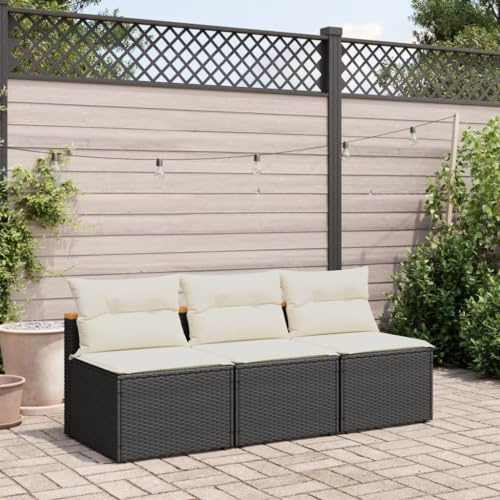 QJBSAVVA Gartensofa 2er Set Schwarz Poly Rattan Outdoor Sofa modular mit abnehmbaren Cremeweißen Kissen 54x64x54 cm Akazienholz Beine UV-beständig kleine Lounge für Balkon Terrasse Garten