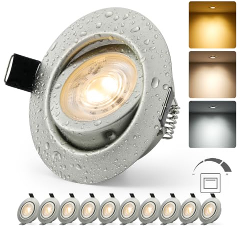 HOMEOW LED Einbaustrahler 230V Metallgehäuse Dimmbar IP44 Nickel 10er Set | LED Spots Lochmaß 68mm - 80mm Badezimmer Deckenspots Flach Schwenkbar 6W Warmweiß Neutralweiß Kaltweiß 3-Stufen-Dimmung
