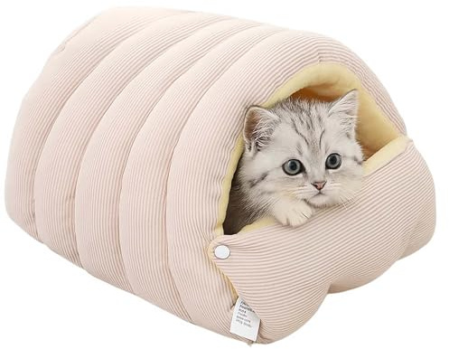 Abnehmbares Und Waschbares, Geschlossenes Winter-Katzenbett, Weiches Warmes Katzenhaus aus Cord, Kuschelige Katzenhöhle für Katzen und kleine Haustiere (Hellbeige, M)