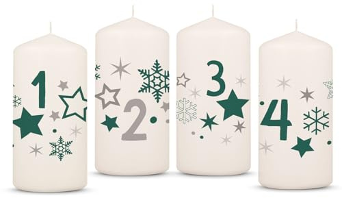 GRAVURZEILE Bedruckte Adventskerzen - Advent Sterne Grün - Weihnachtskerze für den Adventskranz 4er Set - Dekoration zu Weihnachten - Geschenk für Sie & Ihn - Stumpenkerze 120/58 mm