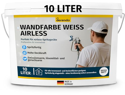 derendo Wandfarbe Weiß Airless, Innenfarbe für Airlessgerät 10l | Farbe direkt spritzfähig ohne Verdünnen, hochdeckend, matt, tropfarm & gebrauchsfertig, Dispersionsfarbe innen