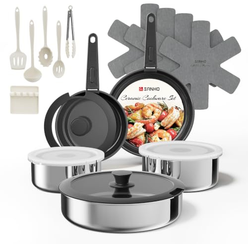 Sanho 21-Piece Pots and Pans Set, Ceramic Nonstick Cookware with Detachable Handles, 4-Layer Stainless Steel & Aluminum Core, Induction Hob Pan Set, Oven Safe, PFAS PFOA Free (Black)
