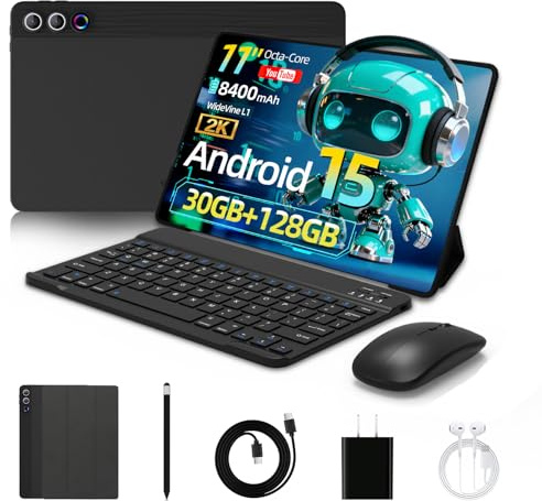 Laptok Tablet 11 Zoll, Android 15 Tablet mit 30 GB RAM + 128 GB ROM + 1 TB TF, 8400 mAh, 2K-Display, 8 MP + 13 MP –Tablet mit Schutzhülle, Maus, Tastatur und Kopfhörern