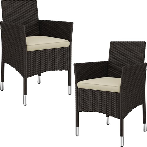 Yaheetech Set di 2 Sedie da Giardino in Poly Rattan di Alta Qualità, con Braccioli Piedini Regolabili e Schienale, per Giardino Balcone PatioTerrazza (2, Rattan Marrone, Cuscino Beige)