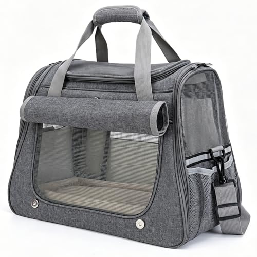 Katzentransporttasche Faltbar - Transportbox Katze & Kleinhund Atmungsaktiv mit Schultergurt Cat Carrier für Auto Reise Flugzeug Waschbar Tragetasche bis 9kg 45 x 23 x 35 cm (Grau)
