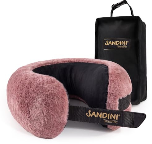 SANDINI TravelFix – Premium Reisekissen/Nackenkissen mit ergonomischer Stützfunktion – Gratis Transporttasche mit Befestigungs-Clip - Made in EU (Altrosa - Plüsch/Velvet)