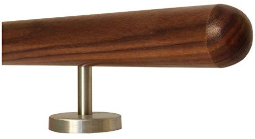 TIBU Nussbaum Geländer Handlauf Treppe Holz Griff gerade Edelstahlhalter, Länge 30-500 cm aus einem Stück/zum Beispiel Länge 90 cm mit 2 gerade Halter und Enden Halbkugel gefräst