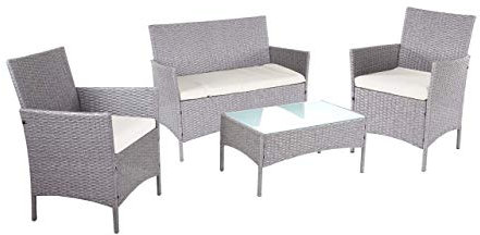 Mendler 2-1-1 Poly-Rattan Garten-Garnitur Halden, Sitzgruppe Lounge-Set Sofa - grau, Kissen Creme