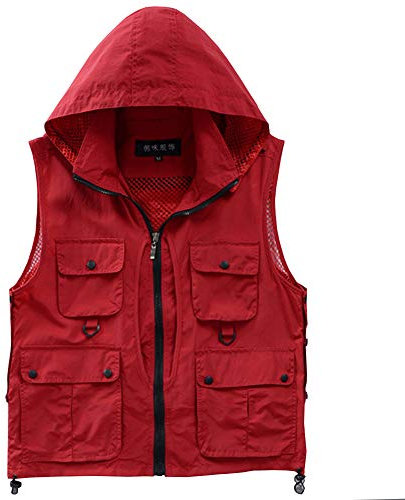 Shengwan Herren Multi-Taschened Weste Outdoor Sport Anglerweste Camping Fotografie Wandern Safari Jacken mit Abnehmbarer Kapuze Rot L