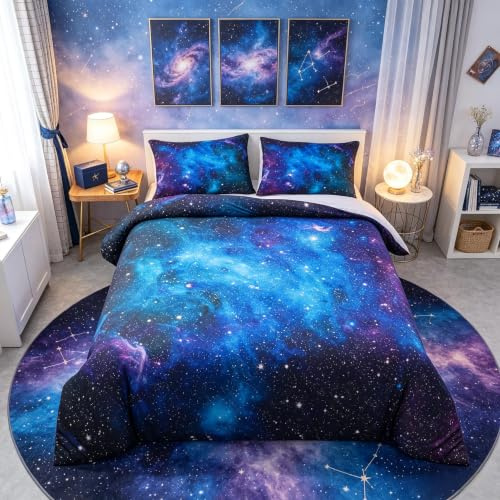 Loussiesd Galaxy Bedding Set Singolo,Spazio Esterno con Motivo Galassia Stelle nello Spazio Celeste,astronomico e Pianeti,Decorazione per Biancheria da Letto Blu,Viola