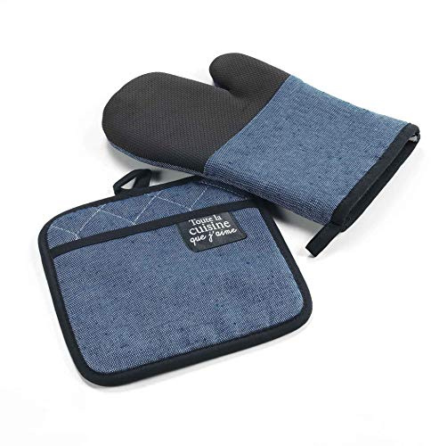 douceur d'intérieur, Gant et Manique (18 x 28 cm/20 x 20 cm) Harold Bleu, Chambray Uni et PVC