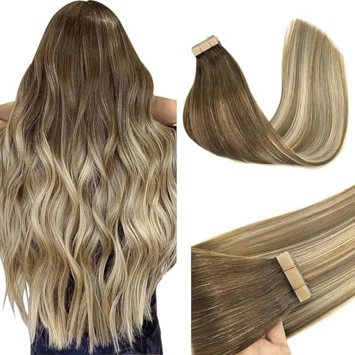 GOO GOO Tape Extensions Echthaar, 45cm 50g 20Stk. #(T3/8)613 Balayage Blond | Walnussbraun nach Aschbraun und Platinblond, Remy Echthaar, Seidig Weich, Verfilzungsfrei, Unsichtbare, Langlebig, Alltag