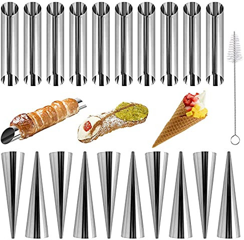 Set di 21 stampi a forma di corno di crema in acciaio inox per cannoli e cornetti con spazzola per la pulizia
