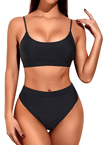 Tempt Me Women High Waisted Bikini Set Athletic Two Piece Swimsuits Sporty High Cut Bathing Suit with Scoop Neck Black S