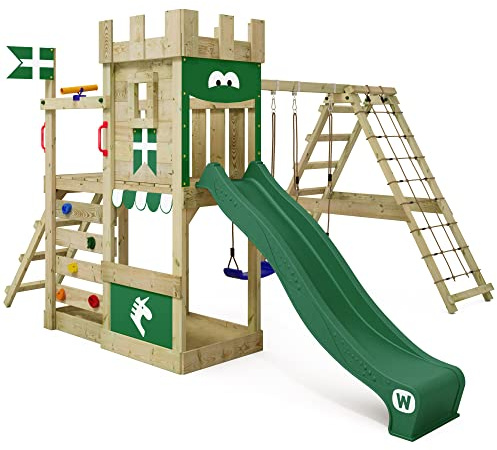Gioco da giardino a forma di castello WICKEY DragonFlyer con altalena e scivolo verde, struttura da esterno per bambini con sabbiera, scaletta e accessori da gioco
