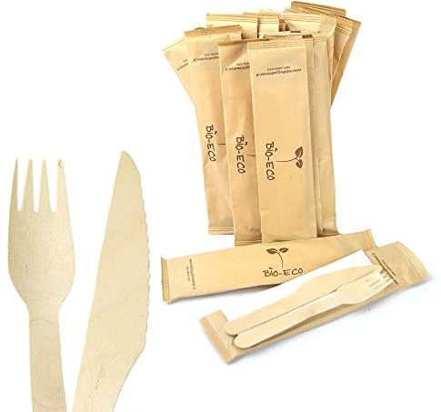 Lot de 100 couverts en bois fourchette, couteau et nappe emballés dans un sachet 100 % papier idéal pour FAST FOOD et à emporter