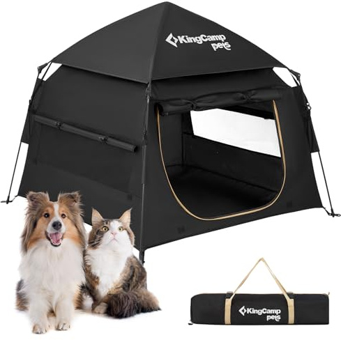 KingCamp Dog Tent, Large Portable Outdoor Indoor Dog House with 600D Oxford Fabric & Dual Layer for Medium Large Dogs, Black, 39.4 x 39.4 x 35.4