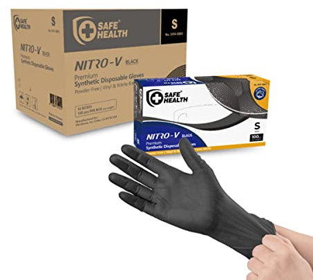 Safe Health NITRO-V Nitile-Vinyl Synthetic Black Disposable Gloves, Latex Free, Powder Free, Case of 100, Small, Tattoo, Salon, Hair Studio, Food, Service, Housework