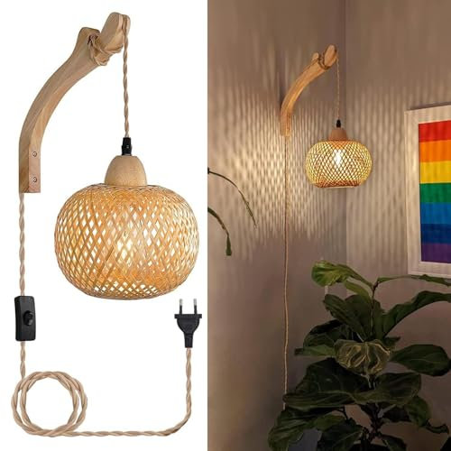 Liyabber Holz Innen Wandleuchte, Vintage Wandlampe mit Stecker und Schalter, E27 Retro Bambus Laterne, Rattan Nachttischlampe für Wohnzimmer, Schlafzimmer, Treppen, Flur (Ohne Glühbirne)