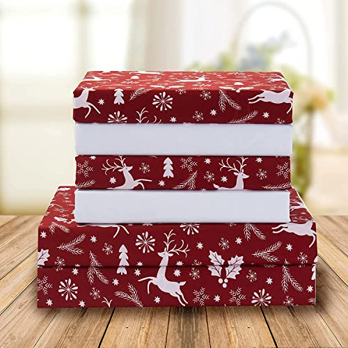 Elegant Comfort Holiday Printed 6-Piece Sheet Set, 1500 Thread Count, Breathable and Super Soft Material, Wrinkle Resistant, Fitted Sheets with Smart Pockets, 6PC Queen, Burgundy Reindeer
