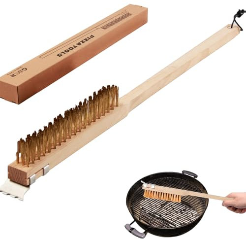 Brosse de nettoyage pour four à pizza avec raclette, 40,6 cm en fil de cuivre avec poignée en bois, outil de nettoyage pour barbecue - Accessoires de four à pizza - Nettoie facilement les grilles