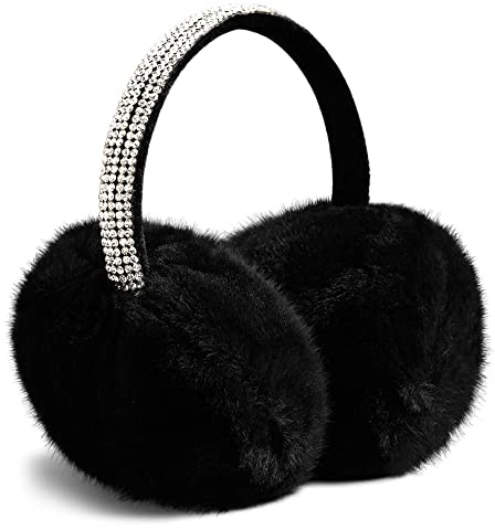 Gifts Treat Women Ear Muffs Black Diamond Earmuffs Adjustable Winter Fluffy Ear Warmers Faux Fur Plush Ear Covers for Girls, Black Diamond, One Size