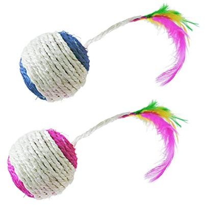 2 Stück Katzenspielzeug Ball Katzenspielzeug Sisalball mit Federn für Indoor Katzen Kauen Spielen Kätzchen Spielzeug Interaktive