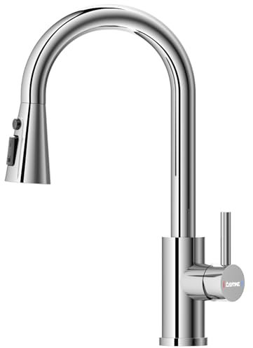 DAYONE Chrome Pull Out Kitchen Sink Mixer Tap, Swan Neck SUS304 Stainless Steel Single Handle Mixer Taps for 1 Hole Sink Tap, 360°Swivel High Arc 3 Spray Mode Kitchen Faucet