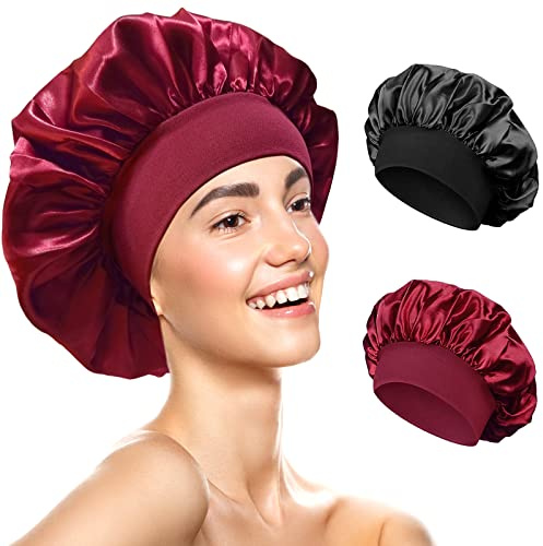 Redamancy Satin Bonnet - Silk Sleep Cap for Curly Hair, Wide Band Night Cap (2 Pcs, Black, Red)
