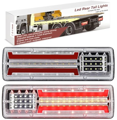 Ygmylandbb Feux arrière LED remorque & camion, clignotant séquentiel défilant, 5 fonctions en 1 (clignotant, stationnement, marche arrière, frein, position), 12V (Grande vue 12V)