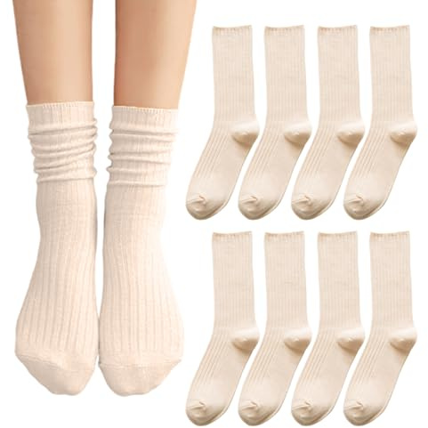 XNIVUIS 4 par damstrumpor, strumpor för kvinnor beige bomull andningsbara fuktgivande, stickade estetiska besättningsstrumpor andningsbara för kvinnor, lämpliga för sport, fritid och fester, BEIgE,