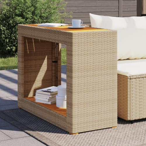 Festnight Polyrattan Beistelltisch, Sofatisch Kaffeetisch Tischplatte Akazienholz Couchtisch Rattan, Laptoptisch für Kaffee und Laptop, Outdoor Sideboard, Beige und Braun, 100 x 40 x 75 cm