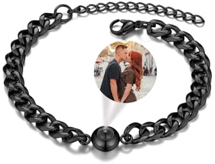 PiercingJak Bild Projektion Armband mit Foto im Stein Damen Herren Armkette 7mm Breit Panzerkette Edelstahl Armreif Personalisierte Geschenke für Mann Frauen, Motive 100 Sprachen Ich Liebe Dich