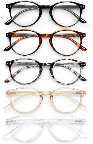 JOLISU Lot de 5 lunettes de lecture pour femmes/hommes - Lunettes de lecture pour ordinateur bloquant la lumière bleue avec monture ronde - Lunettes de vue rétro à verres transparents(2.5)