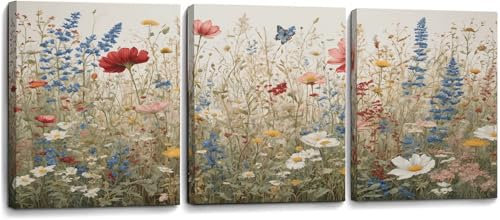 3-teiliges Blumen Leinwandbilder (Mit Rahmen Holz), Bilder Blumen Wandbilder Wohnzimmer - Deko Modern - Schlafzimmer - Room Decoration - Kunstdruck Wanddeko Küche - Gemälde Natur Wiese 40x60cm
