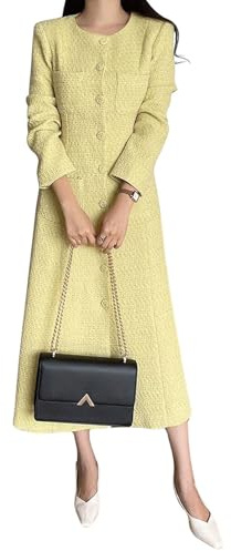 CHARTOU Women Tweed Dress Long Sleeve Single Breast Elegant Lady Long Tweed Blazer Dress (Small,Yellow)